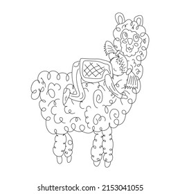 A little girl rides on the back of a fluffy alpaca. Isolated on a white background. Coloring book for kids.
