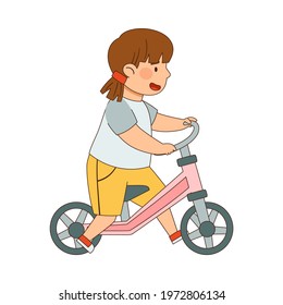 Little Girl Riding Bicycle Enjoying Outdoor Activity Vector Illustration