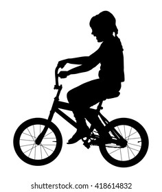 Little girl riding bicycle vector silhouette illustration isolated on white background. happy kid on bike. Child laughing. Daughter birthday gift first expression. 