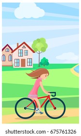 Little girl riding bike outdoors in summer time with residential buildings on background. Vector illustration of active female child spending holidays