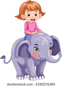 Little Girl Riding Elephant in Cartoon Style illustration