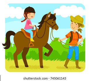little girl riding a horse with an instructor