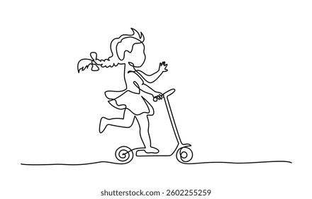 Little girl riding kick-scooter. Continuous one line drawing. Isolated on the white background. Vector monochrome illustration, drawing by lines