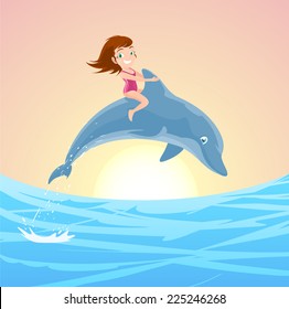 Little Girl Riding on the Jumping Dolphin's Back, with brunette little girl with pink swimming suit and lovely blue dolphin jumping out of the water vector illustration.