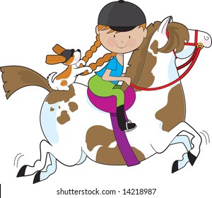 A little girl riding a painted pony with a Cavalier King Charles Spaniel sitting behind her and holding on to her braids