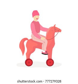 Little girl riding a pink horse. Vector.