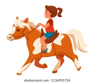 Little girl riding pony isolated on white background. cartoon vector illustration