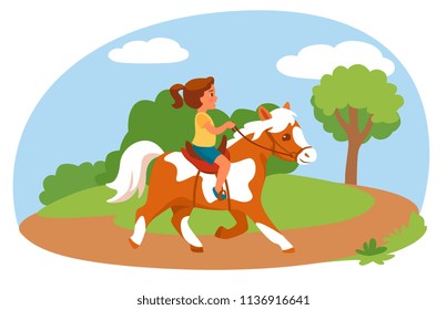  little girl riding pony in park. Cartoon vector illustration