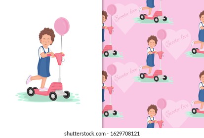 Little girl riding scooter cartoon and seamless pattern