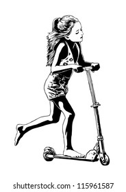 little girl riding a scooter. drawing style. vector illustration