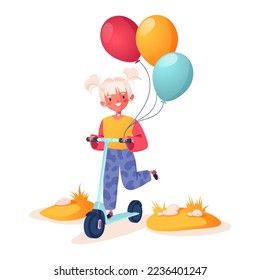 Little girl riding scooter, holding colorful balloons in her hand. Cheerful child vector character in cartoon style. Cheerful pastime, a walk in the street, nature, active lifestyle, happy childhood