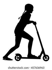 Little girl riding scooter, vector silhouette isolated on white background, children scooting silhouettes. Child outdoor fun. Skate or board with wheels toy. Favorite birthday gift for good child.