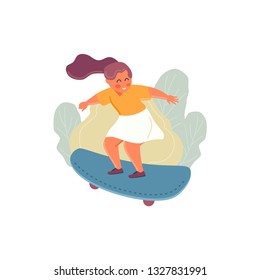 Little girl riding a skateboard. Happy childhood. Modern Vector Illustration
