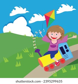 Little girl riding a toy train down the hill with kite in her hands; flat design with a child playing