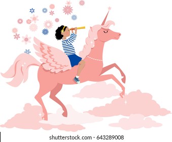 Little girl riding a unicorn and looking in a telescope, EPS 8 vector illustration