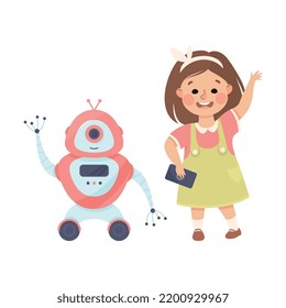 Niña pequeña con robot y panel de control usando tecnología inteligente e iluminación de vectores de inteligencia artificial