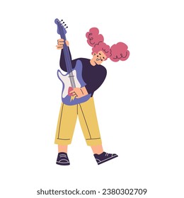 Little Girl in Rock Band Playing Electric Guitar Musical Instrument Vector Illustration