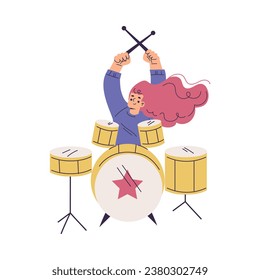 Little Girl in Rock Band Playing Drum Musical Instrument Vector Illustration