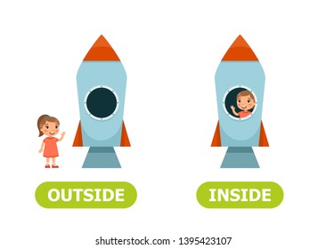 Little girl in the rocket and outside.  Illustration of opposites inside and outside.
Card for teaching aid, for a foreign language learning. Vector illustration on white background, cartoon style.
