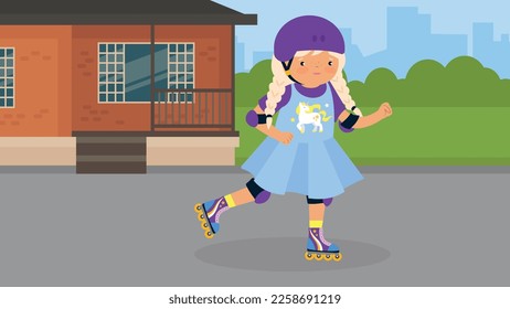 little girl in roller skates in the city vector illustration graphic design