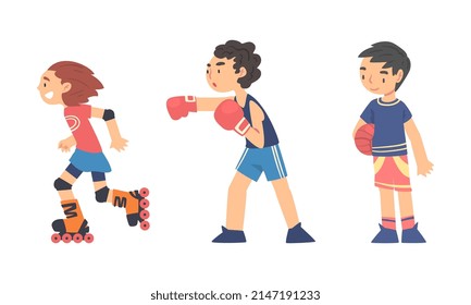Little Girl Roller Skating and Boy Boxing Doing Sport Vector Set