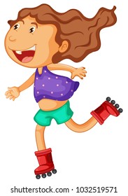 Little girl rollerskates on white background illustration