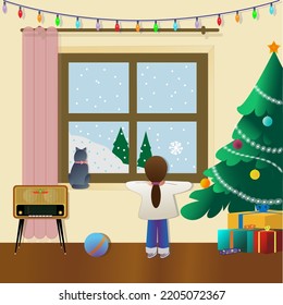 a little girl in a room with gifts, a Christmas tree, looks out the window with a cat at a winter landscape, expects and hopes for a miracle on a festive evening