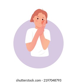 Little girl with rotten tooth and sore, holding her cheek.