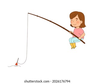 Little Girl in Rubber Boots Sitting with Fishing Rod Catching Fish Vector Illustration