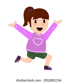 Little Girl Run. Happy Child. Cute Character In Pink Clothes. Activity And Joy. Waving Arms. Flat Cartoon Illustration