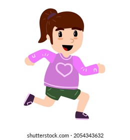 Little Girl Run. Happy Child. Cute Character In Pink Clothes. Activity And Joy. Waving Arms. Flat Cartoon Illustration