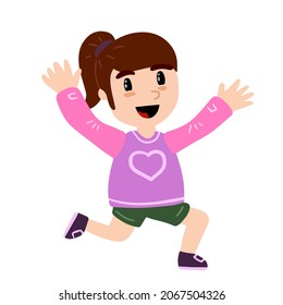 Little Girl Run. Happy Child. Cute Character In Pink Clothes. Activity And Joy. Waving Arms. Flat Cartoon Illustration