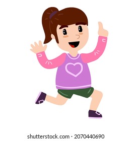 Little Girl Run. Happy Child. Cute Character In Pink Clothes. Activity And Joy. Waving Arms. Flat Cartoon Illustration