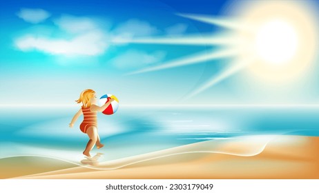 Little girl running along the beach in the sunshine. Summer vector illustration