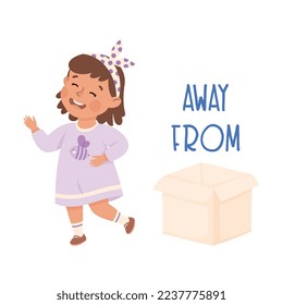 Little Girl Running Away From Cardboard Box as Preposition Demonstration Vector Illustration