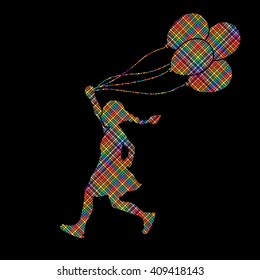 Little girl running with balloons designed using colorful pixels graphic vector.