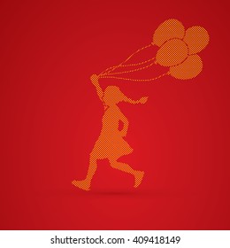 Little girl running with balloons designed using dots pattern graphic vector.