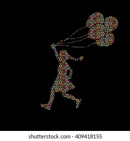 Little girl running with balloons designed using colorful mosaic graphic vector.