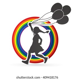 Little girl running with balloons designed on rainbows background graphic vector.