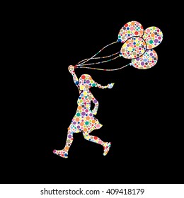 Little girl running with balloons designed using colorful halftone pattern graphic vector.