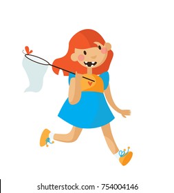 Little girl running in a bright dress with scoop-net and butterfly. Isolated flat vector illustration