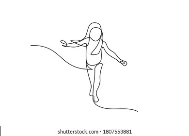 Little girl running in continuous line art drawing style. Front view of kid running carefully and balancing black linear sketch isolated on white background. Vector illustration