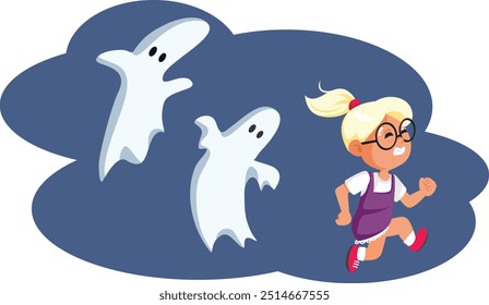 
Niña corriendo de fantasmas Vector ilustración de dibujos animados. Niño que tiene una pesadilla de Halloween de ser perseguido por los espíritus 
