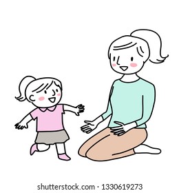 Little girl running to mom who sitting and waiting with open arms. Little child running to mother. Cute little daughter running to hug her mom. Little kid running toward her mother. Doodle vector.