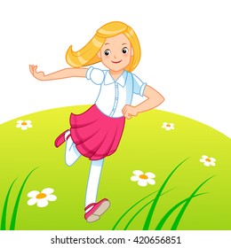Little girl running on the lawn
