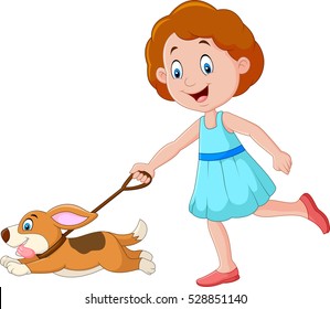 Little girl  running with puppy