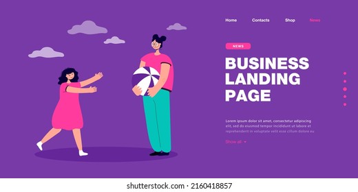 Little girl running towards female character holding ball. Friends or sisters playing together flat vector illustration. Communication, friendship concept for banner, website design or landing page