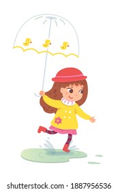 Little girl running under umbrella in rainy weather. Joyful happy kid in sweater going through puddle of water. Autumn bad weather vector illustration. Child in rain storm.