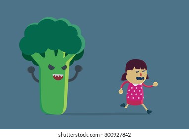 Little girl runs away from broccoli because he looks like scary. Illustration about eating vegetables for children