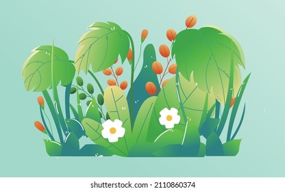 A little girl runs in the rain with plants in the background, vector illustration